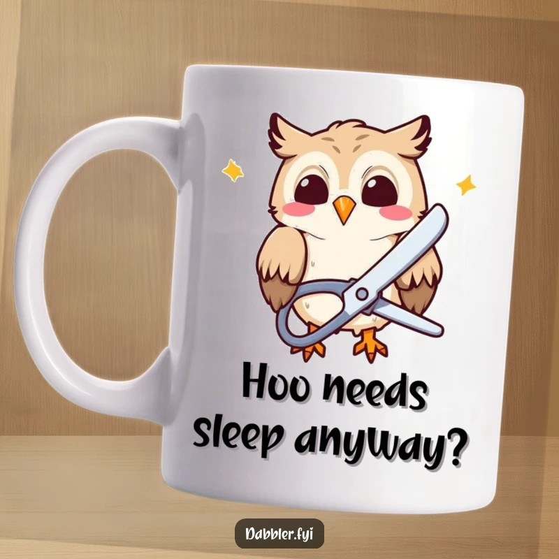 Funny Mug: A giggling owl character joyfully uses large scissors to snip colorful paper, embodying playful crafting humor.
