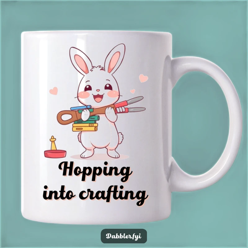 Funny Rabbit Crafter Mug: Happy Character Balancing Crafting Tools with Enthusiasm