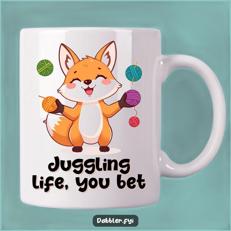 Funny Fox Juggler Mug: Playful Character Juggling Colorful Yarn Balls with a Grin