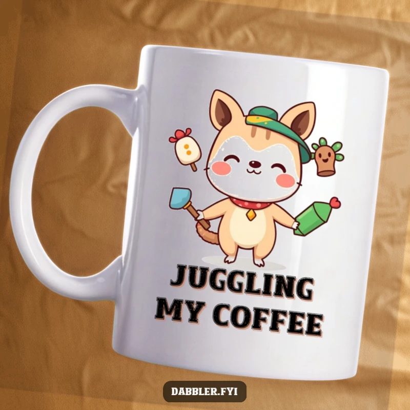 Funny Mug featuring a curious animal character smiling while juggling three different quirky items, showcasing playful skill and humor.
