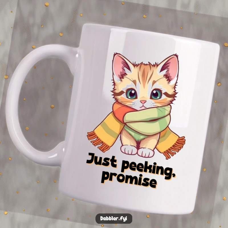 Funny kitten peeking through a vibrant scarf, captured in a humorous moment, perfect for a coffee mug gift.