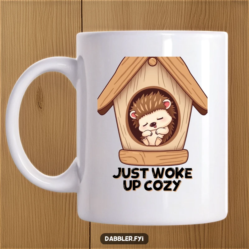 Funny Mug: A sleepy hedgehog character cozily snoozing inside a half-finished birdhouse, radiating peaceful humor.
