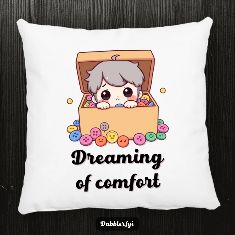 Funny plush pillow depicting a curious character gazing with delight into a box abundantly filled with assorted colorful buttons, offering cozy humor.