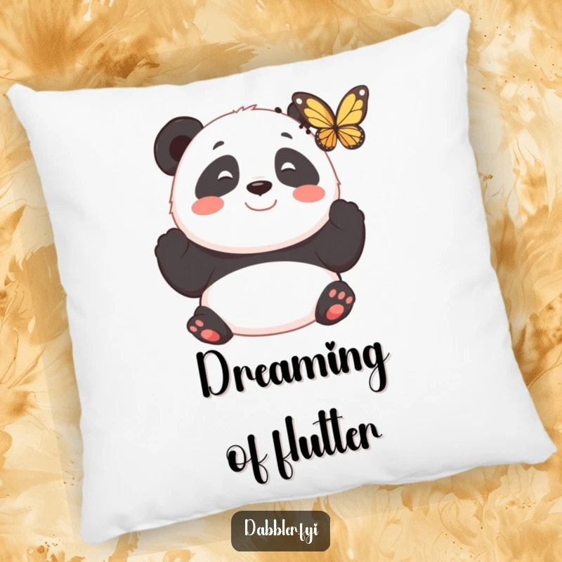 Funny pillow featuring a smiling panda observing a fluttering butterfly with fascination, adding comfort and calm.