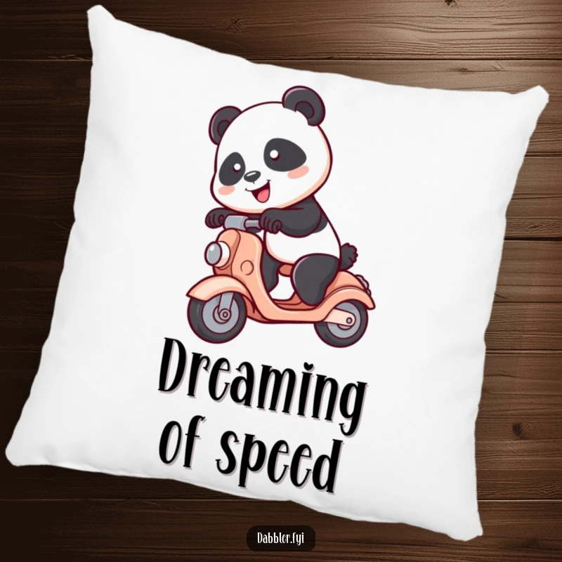 Funny Panda Pillow: A spunky panda character hilariously tries riding a toy scooter, offering cozy comfort and a touch of humor.