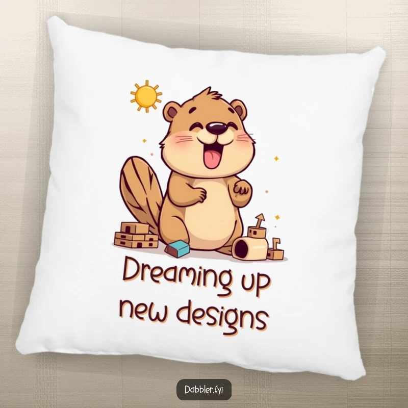 Funny beaver builder pillow with a happy beaver exploring construction methods, ideal for adding humorous comfort and a DIY theme to any room.