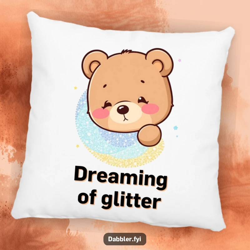 Funny Pillow: A cozy pillow featuring a curious bear character mesmerized by a sparkling glitter pattern, depicting humor.