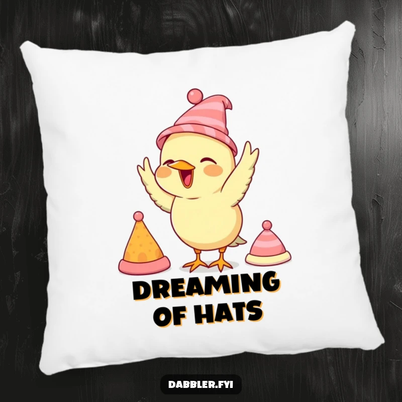 Funny bird pillow, featuring a bird trying on tiny hats, offering plush comfort and decorative charm.