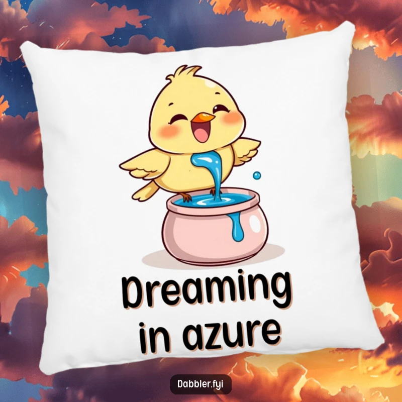 Funny Pillow: A joyful bird enthusiastically dips its beak into a pot of blue ink, bringing artistic charm and comfort.