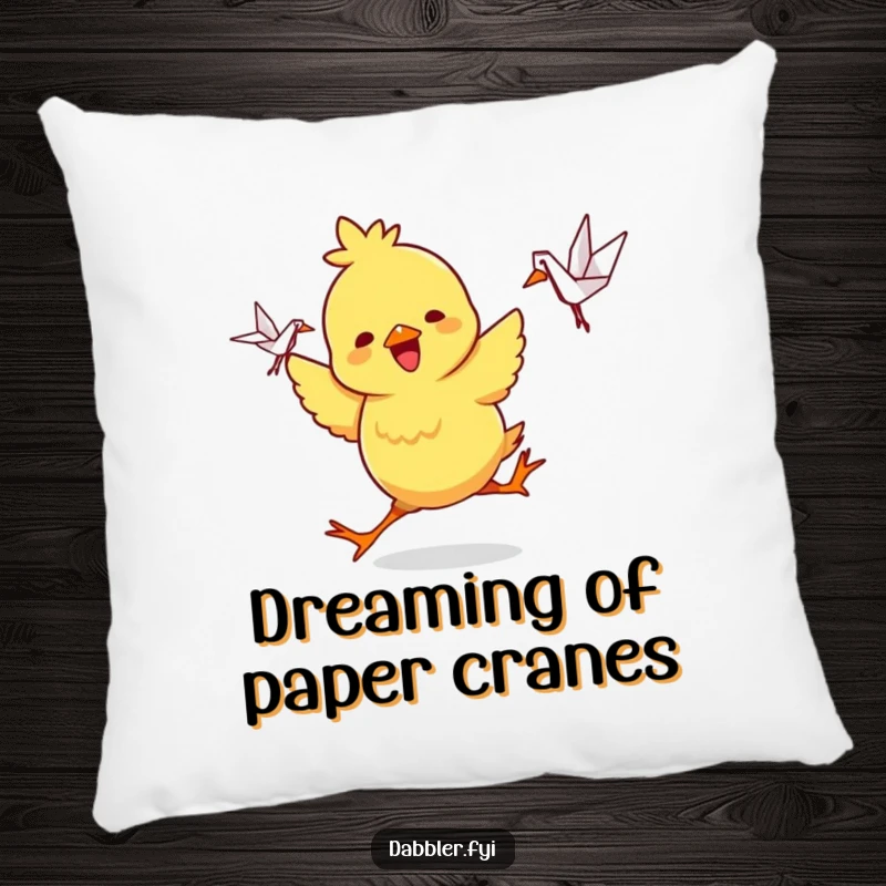 Funny Pillow: A playful chick character dances with joy holding a small, intricate origami crane, bringing cheerful comfort.