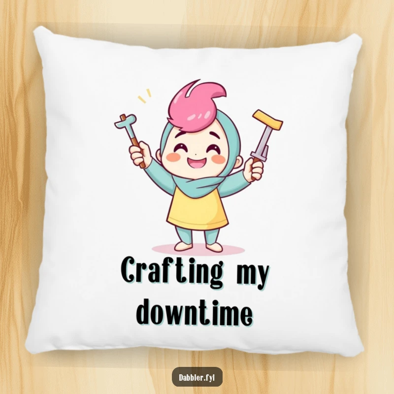 Funny crafter pillow featuring a smiling character juggling crafting tools, adding soft comfort and humorous crafting flair.
