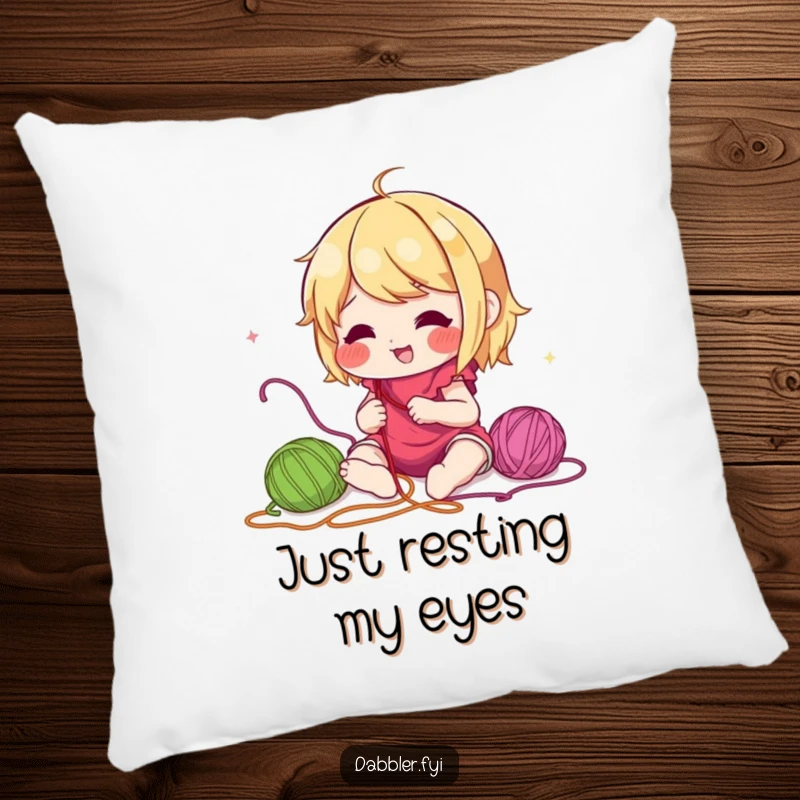 Funny plush pillow showcasing a lively character in the act of enthusiastically experimenting with a wide variety of colorful embroidery threads, adding cozy humor.