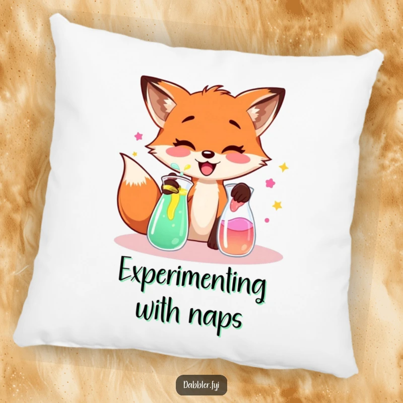 Funny fox pillow, featuring a fox gleefully mixing colorful liquids, for comfort and quirky decor.