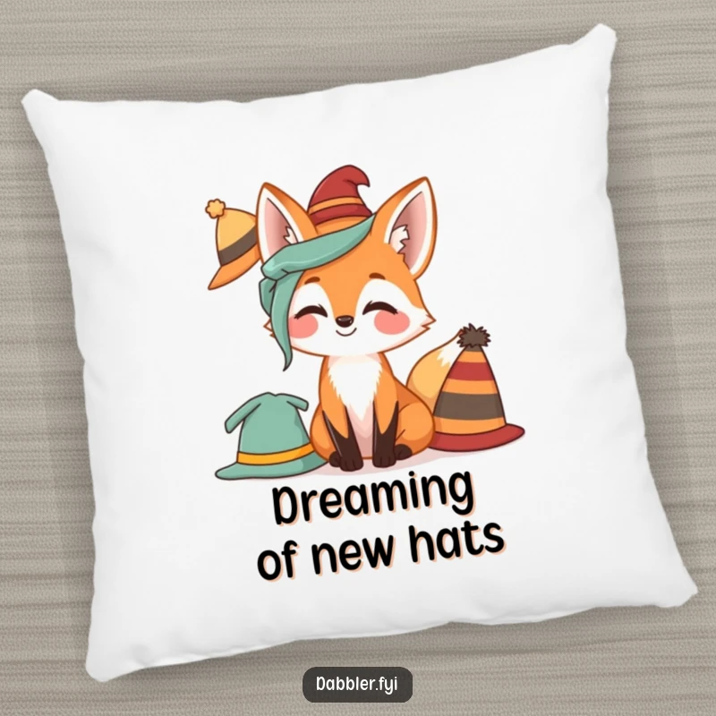 Funny Fox Pillow with a giggling fox trying on different hats, offering a soft and humorous decorative touch.