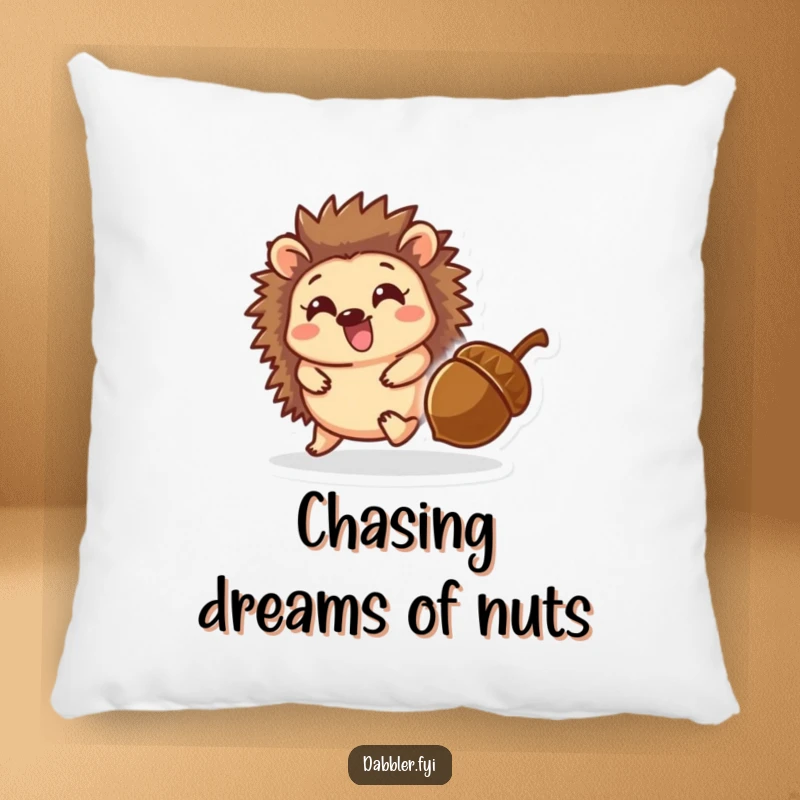 Funny pillow depicting a delighted hedgehog character playfully chasing a rolling acorn, adding a touch of woodland charm to decor.