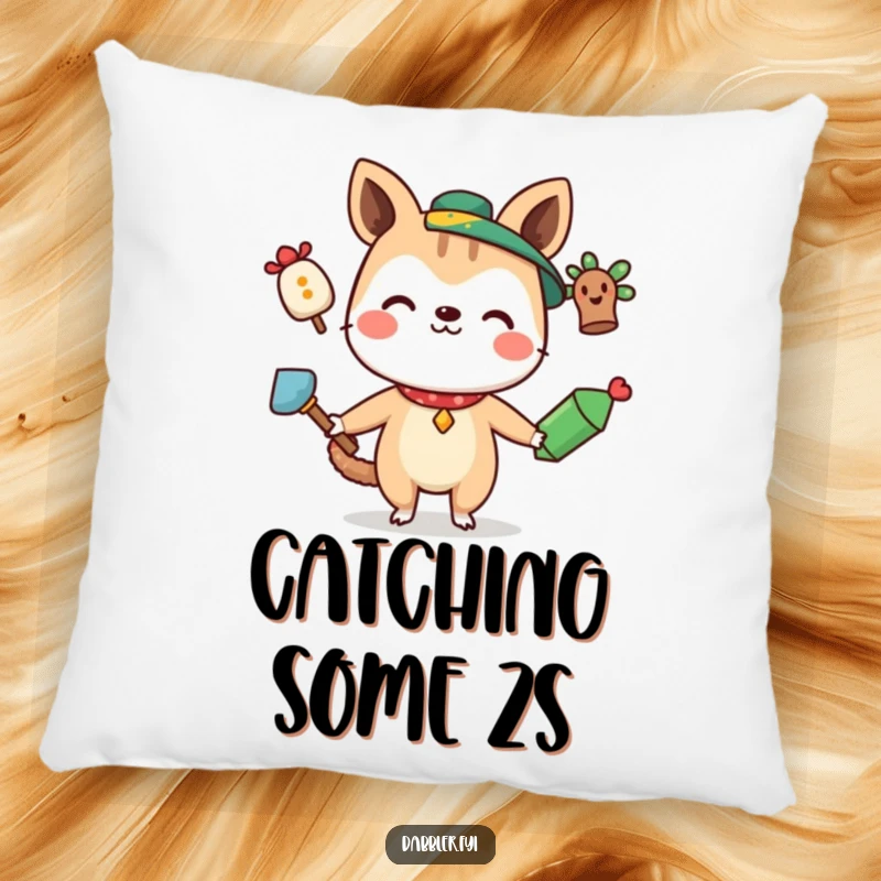 Funny Pillow showcasing a curious animal character smiling while juggling three quirky items, adding comfort and gentle humor.