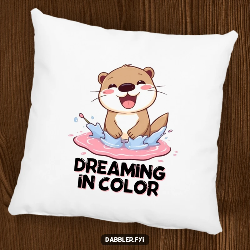 Funny otter pillow showing a cheerful otter splashing joyfully in a paint puddle, a soft funny gift.