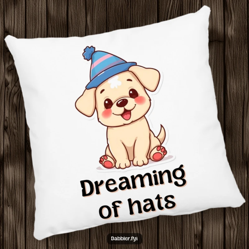 Funny pillow featuring a cheerful puppy wearing a ridiculous silly hat, adding comfort and humor as a funny gift.