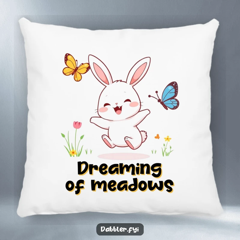 Funny pillow showcasing a joyful rabbit character mid-leap, chasing a graceful butterfly, adding a touch of whimsy to decor.