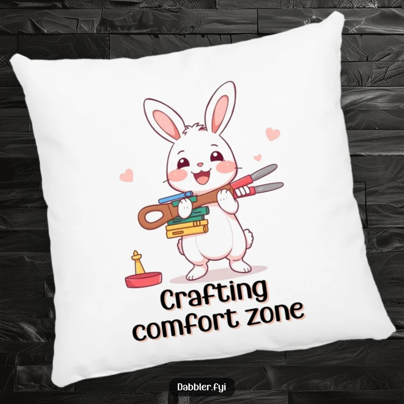 Funny Rabbit Pillow: A happy rabbit enthusiastically balances crafting tools, offering comfort and a humorous touch to any room.