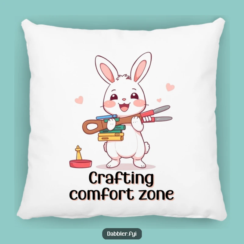 Funny Rabbit Crafter Pillow: Happy Character Balancing Crafting Tools with Enthusiasm