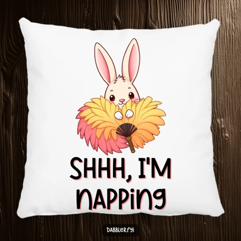 Funny Pillow with a mischievous rabbit peeking playfully behind a big, colorful feather fan, offering comfort and a dose of cute humor.