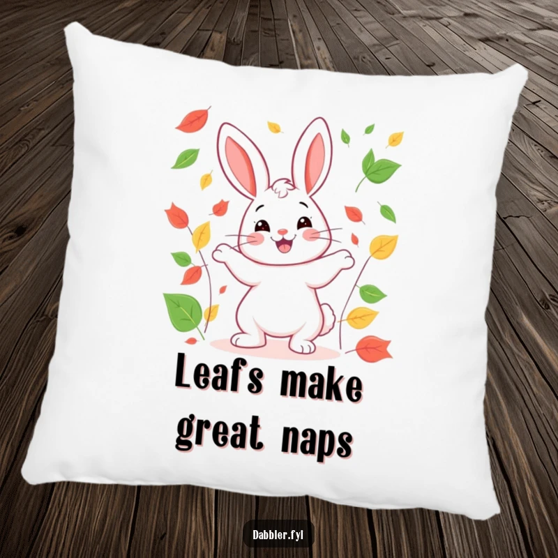 Funny rabbit pillow with a happy rabbit juggling colorful leaves, adding a touch of cozy autumn humor.