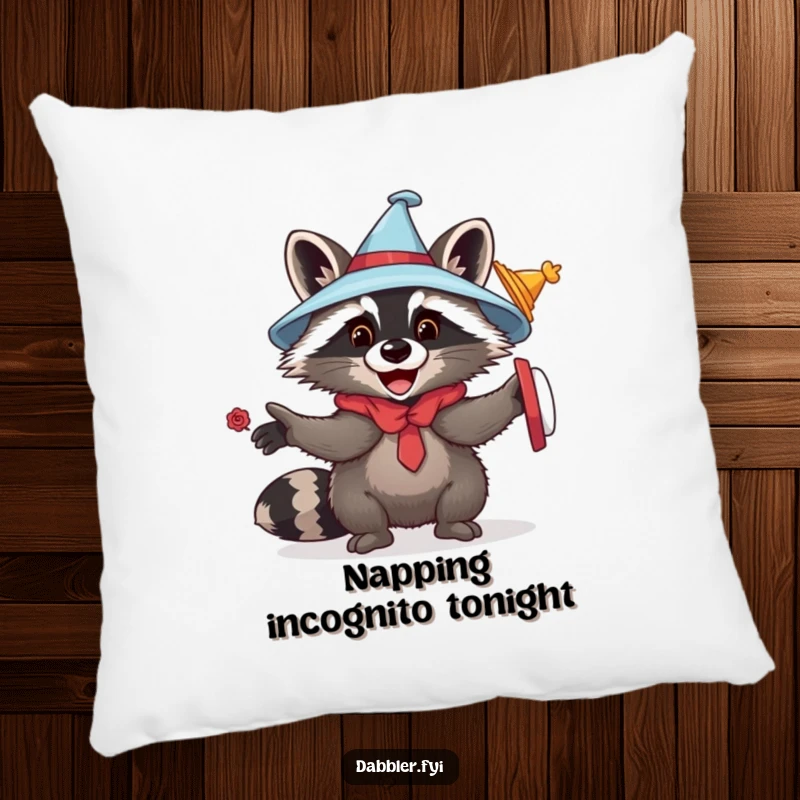 Funny raccoon hat pillow with a playful raccoon trying on various hats, ideal for adding humorous comfort and critter charm to any room.