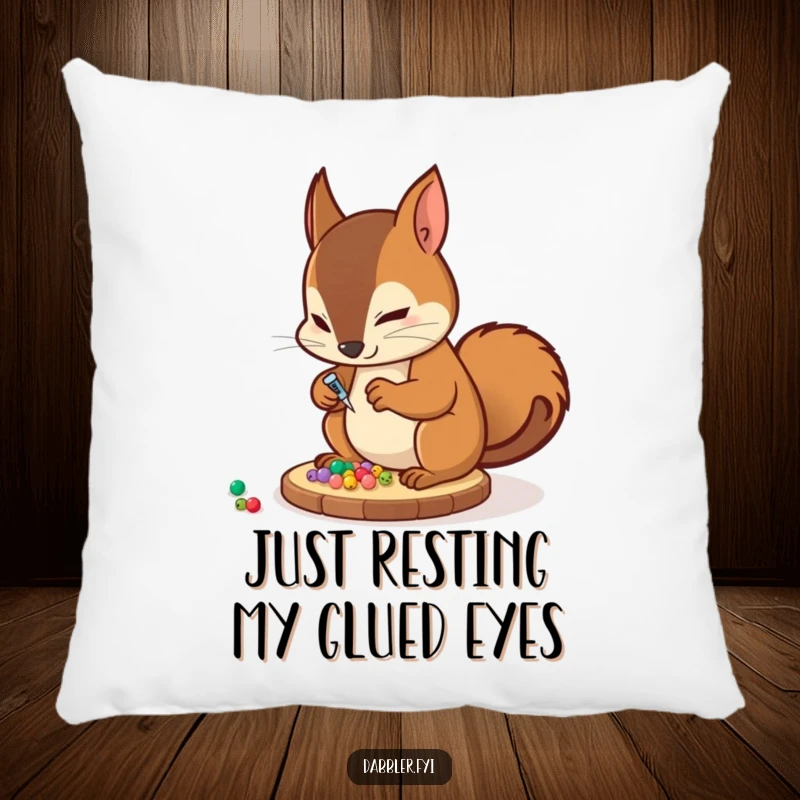 Funny Pillow: A determined squirrel character is shown meticulously gluing tiny decorative beads onto a coaster, bringing humor to decor.