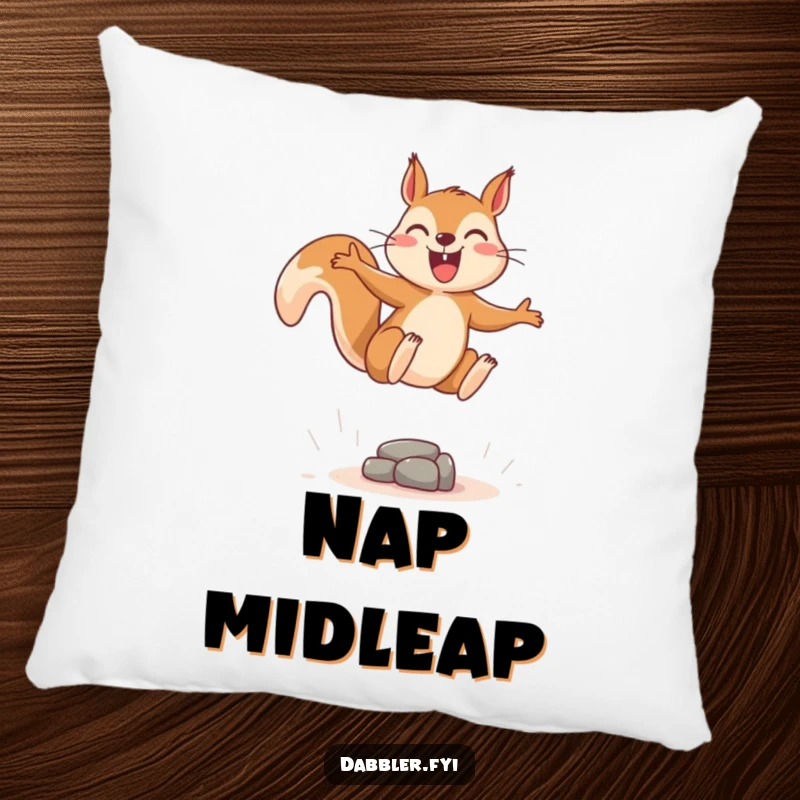 Funny pillow featuring a joyous squirrel leaping energetically over a tiny, imaginary obstacle, adding comfort and fun.
