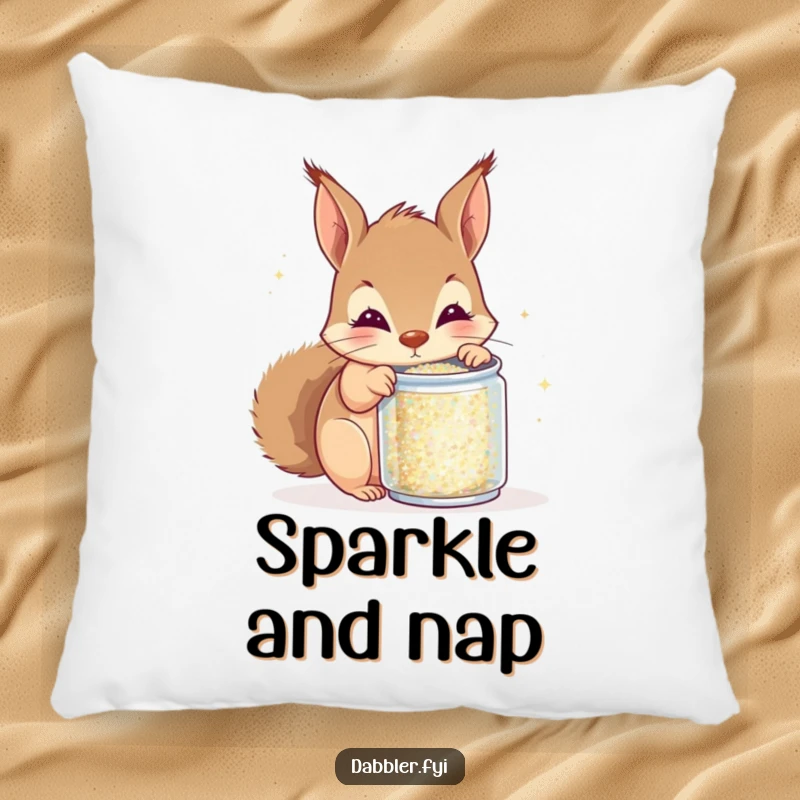 Funny squirrel pillow, curious squirrel peeking into glitter can, cozy home decor, comfortable and humorous gift for crafters.