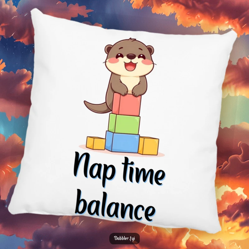 Funny Pillow: A delighted otter character balancing a tower of colorful blocks, a cozy and humorous addition.