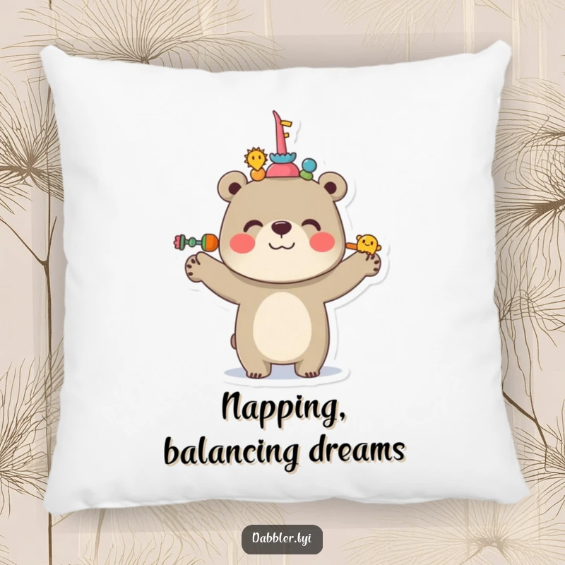 Funny Bear Pillow featuring a cheerful bear balancing objects on its nose, offering soft comfort and humorous decor.