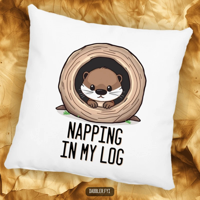 Funny Otter Pillow with a cute otter peeking into a hollow log, offering comfort and a humorous decorative accent.