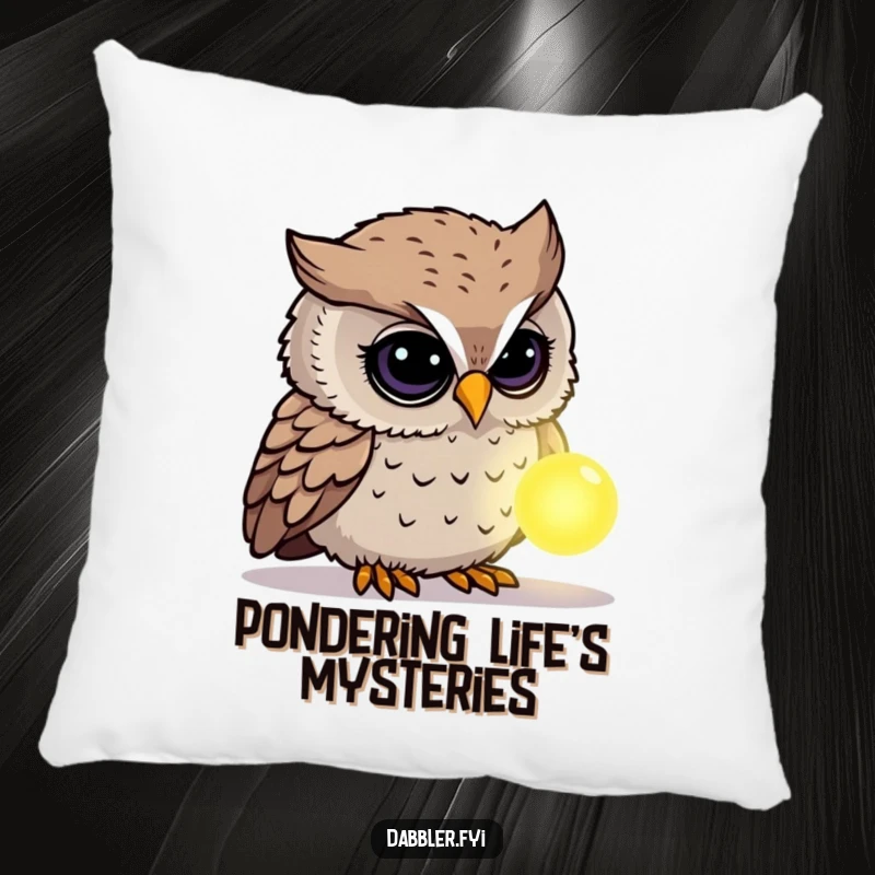 Funny Owl Pillow: A curious owl character examines a glowing, mysterious object, providing soft comfort and a hint of magic.