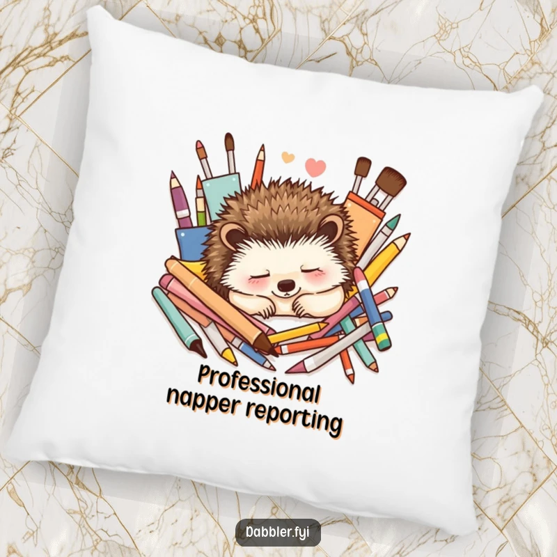 Funny Pillow: A contented hedgehog naps peacefully amidst colorful art supplies, bringing cozy artistic tranquility.