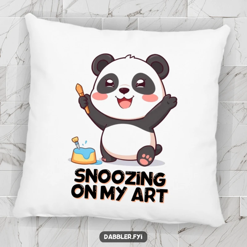 Funny Pillow: A joyful panda character dabbing paint with a sponge, a cozy artistic accent.
