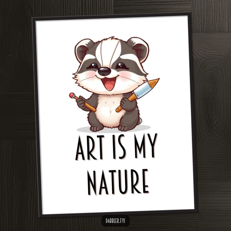 Funny Digital Art Print: A delighted badger enthusiastically uses a palette knife, creating art with pure joy and vibrant colors.