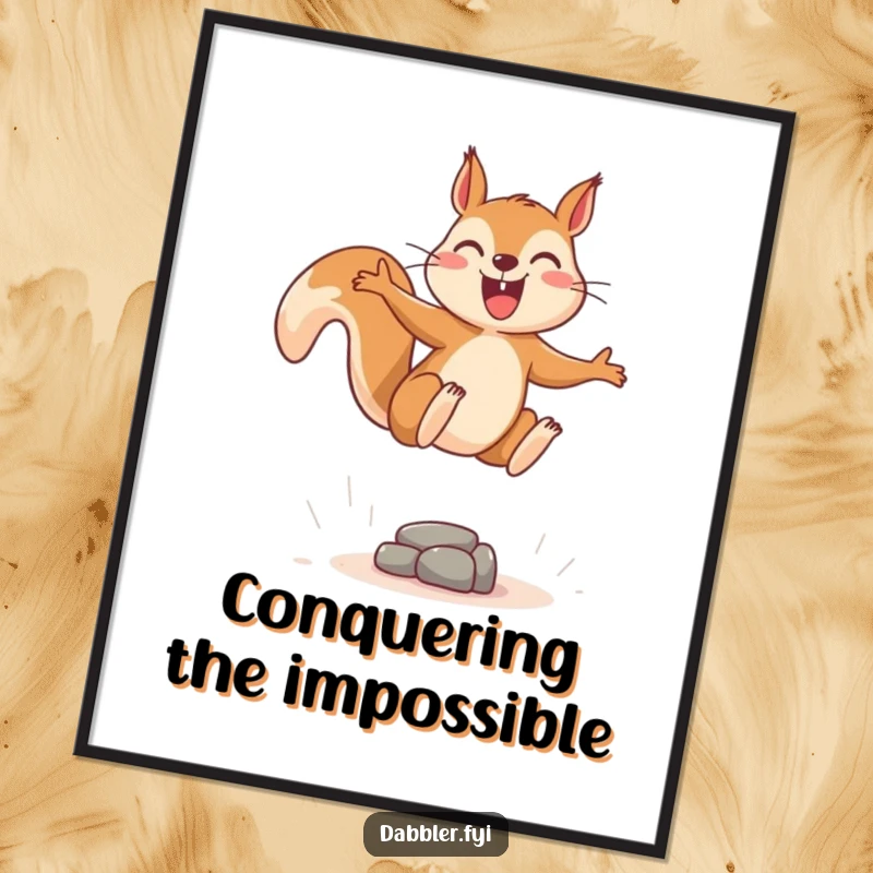Funny digital art print of a joyous squirrel leaping energetically over a tiny, imaginary obstacle, ready for instant download.