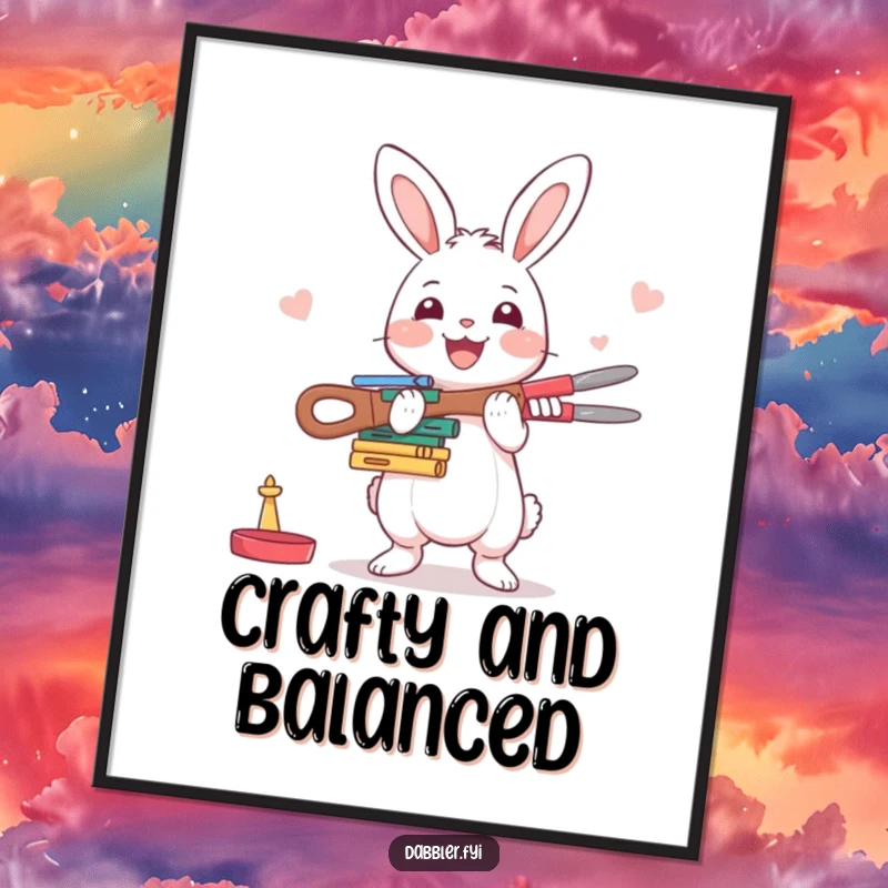 Funny Rabbit Digital Art Print: A happy rabbit enthusiastically balances crafting tools, bringing humorous and inspiring art to any room.