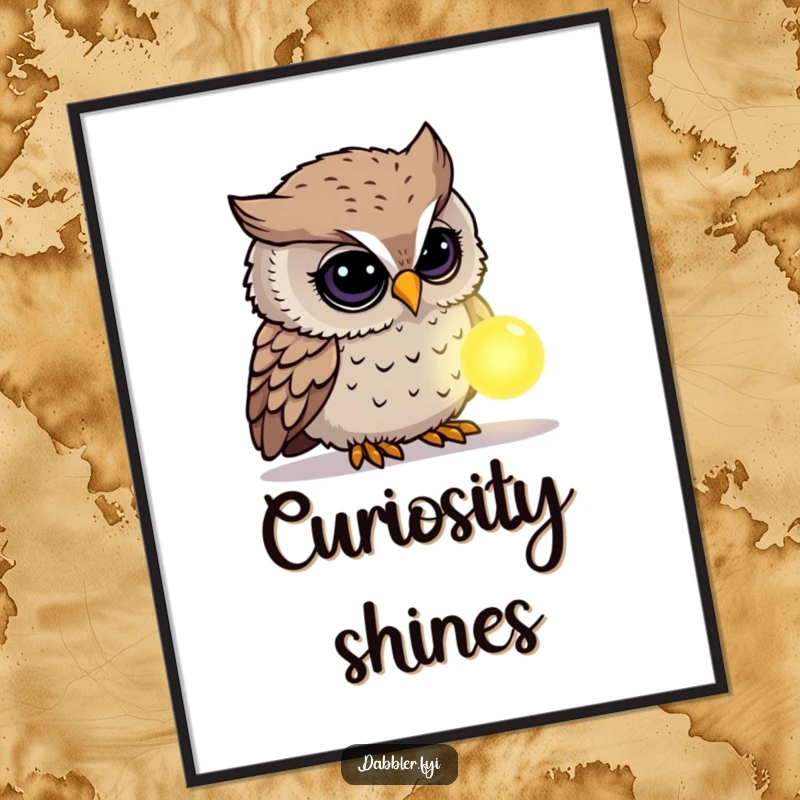 Funny Owl Digital Art: A curious owl character holds a glowing, mysterious object, a downloadable print filled with wonder and humor.
