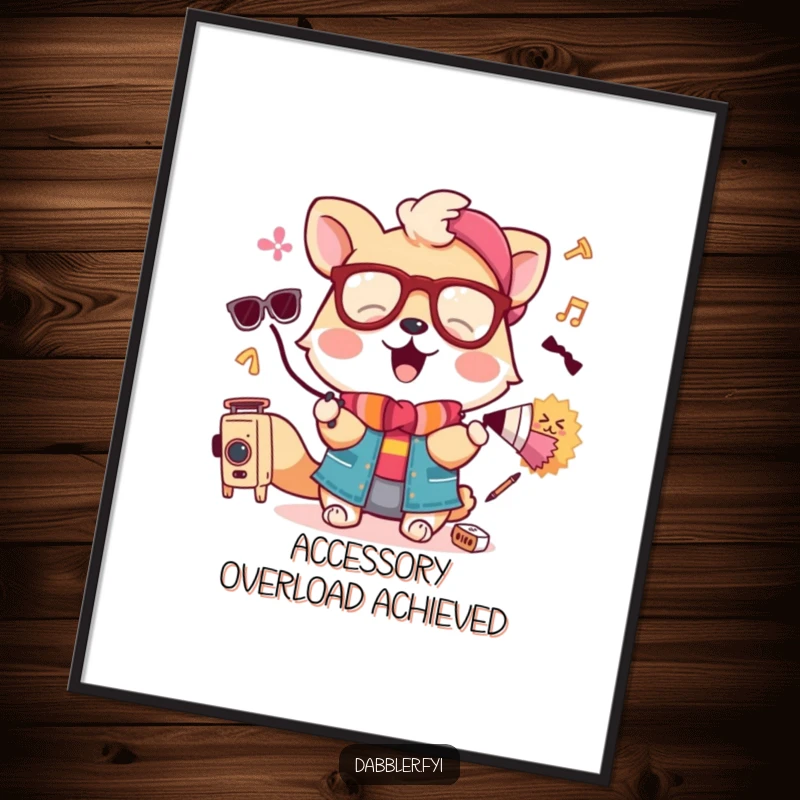 Funny digital art print of a delighted animal joyfully trying on a collection of quirky hats and scarves.