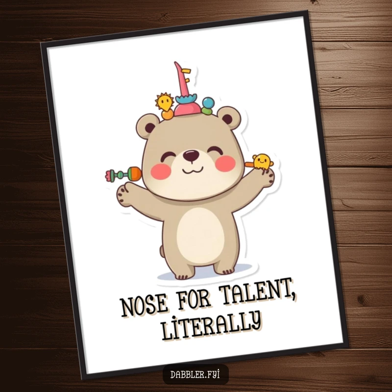 Funny Bear Digital Art Print of a cheerful bear balancing multiple objects on its nose, ready for download and printing.