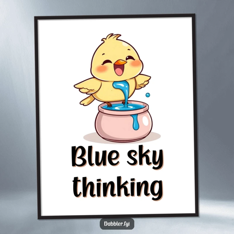 Funny Digital Art Print: A joyful bird enthusiastically dips its beak into a pot of blue ink, symbolizing creative passion.