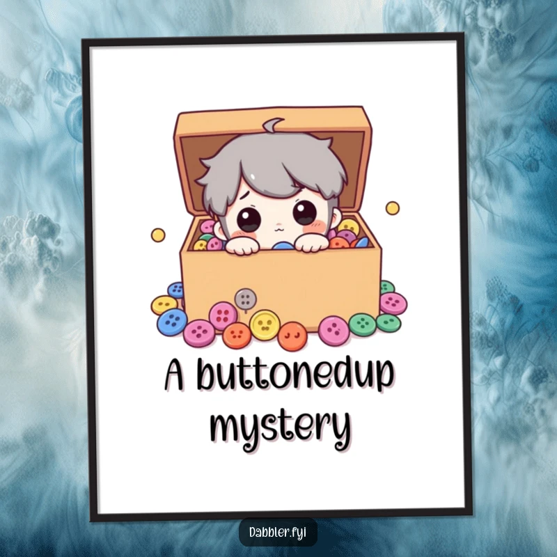 Funny digital art print of a curious character peeking into a box overflowing with colorful buttons, ideal for playful wall decor.