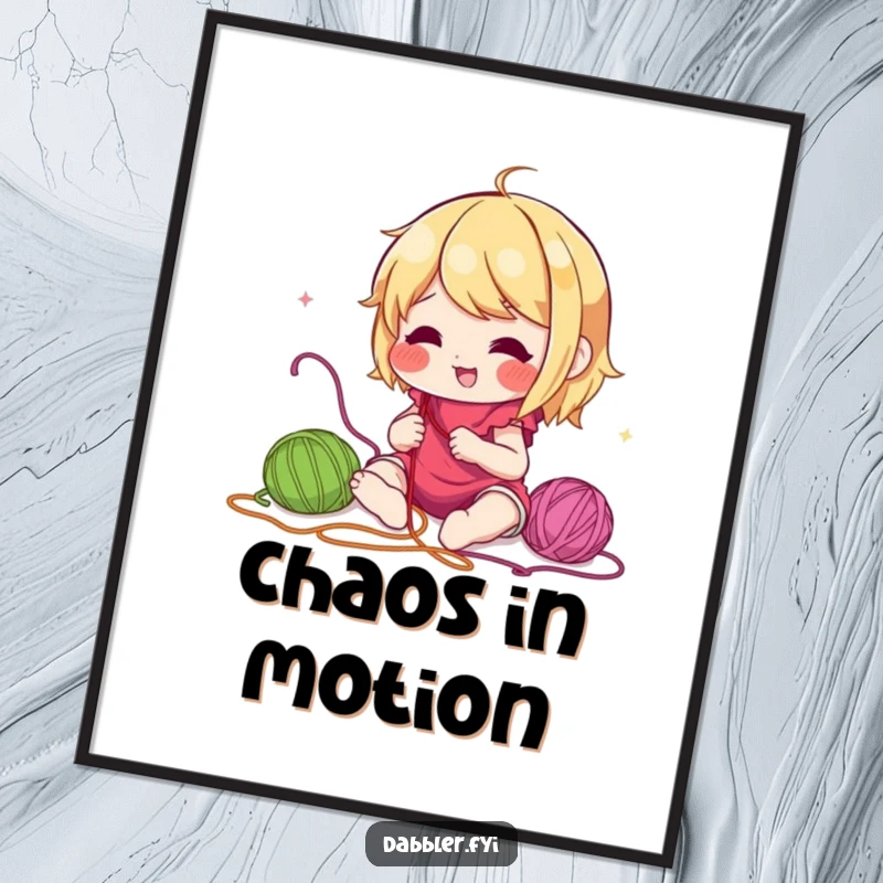 Funny digital art print of a lively character enthusiastically experimenting with a spectrum of colorful embroidery threads, ideal for creative wall decor.