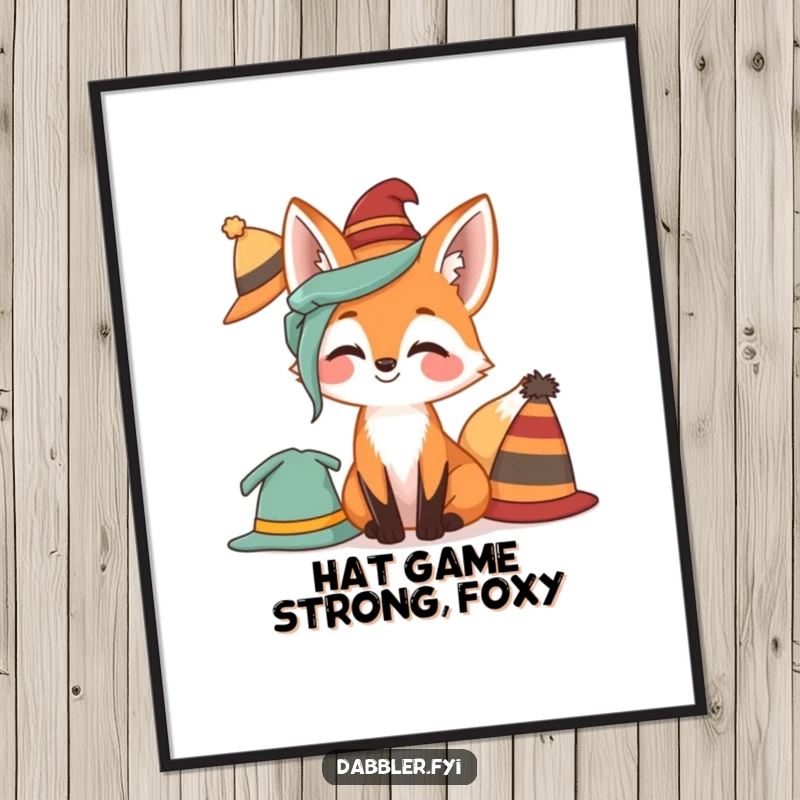 Funny Fox Digital Art Print of a giggling fox trying on various hats, perfect for downloadable, humorous wall decor.