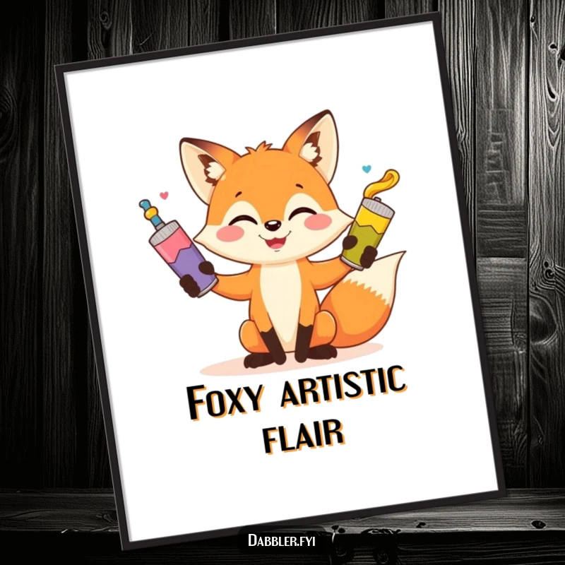 Funny fox digital art print, playful artist fox juggling paint tubes, instant wall decor, whimsical and humorous art.