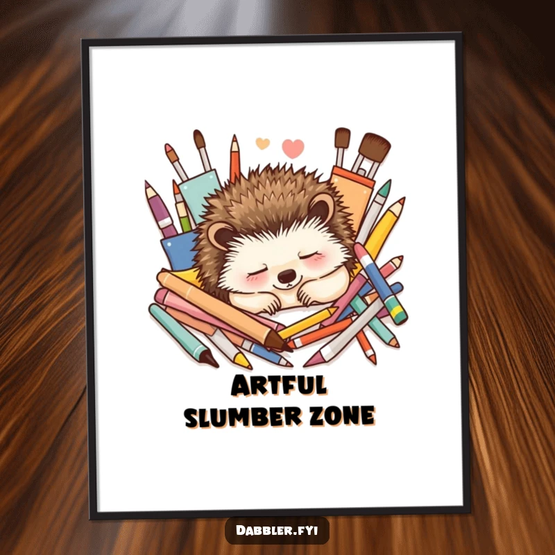 Funny Digital Art Print: A contented hedgehog naps peacefully amidst colorful art supplies, evoking serene artistic tranquility.