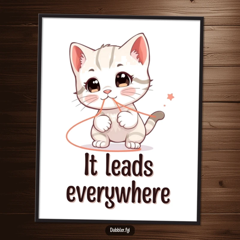 Funny digital art print of a happy kitten character humorously playing with a string that leads everywhere, a delightful and funny addition to any space.